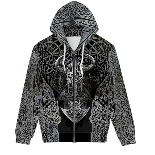JooMeryer Men's Norse Mythology Viking Raven Long Sleeve Full Zip Up Hoodie Pullover