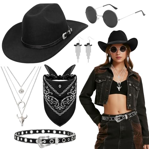 Saier tbo 6 Stück Western Cowboy Outfit für Damen, Schwarz Cowgirl Zubehör Set mit Cowboyhut Paillettengürtel Sonnenbrille Halskette...