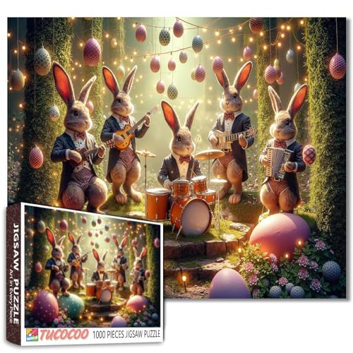 Easter 1000 Piece Jigsaw Puzzles for Adults Rabbit Musician Painting Jigsaw Puzzle Rock and Roll Music 1000 Pieces Puzzles Abstract Happy Easter DIY Craft Funny Puzzle Art Bedroom Decor