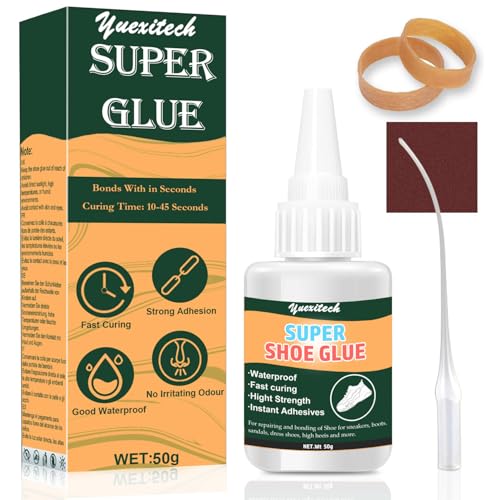 Yuexitech Pegamento para zapatos de 50 g, secado rápido, adhesivo de grado profesional, pegamento transparente impermeable de secado rápido para zapatos para reparar zapatos desgastados, botas, cuero,