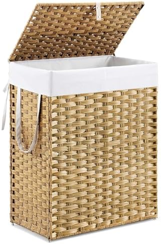 DUMOS Woven Laundry Basket with Lid, 90L Large Capacity Hamper, Removable & Machine-Washable Liner, Foldable Rattan Clothes Hamper, Sturdy Steel Frame, Odor Control, Goose Yellow