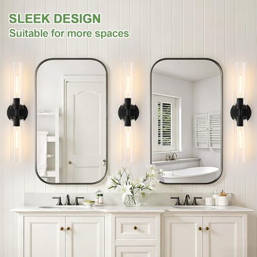 Image of Indoi Matte Black Wall Sconces, Hardwired Bathroom Sconces Wall Lighting with Clear Glass, Modern Sconces Wall Light fixtures for Bathroom Mirror Living Room Hallway Bedroom