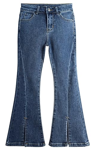 KIDSCOOL SPACE Girls Simple Jeans, Big Little Kids Girl Elastic Waistband Inside High Stretch Flared Denim Pants,Mid Blue, 5-6 Years
