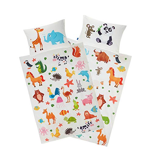 Parure de lit pour enfant - 100 x 135 cm - Motif animaux - Fermeture éclair YKK - Jaune, blanc et multicolore - Avec cheval, girafe, éléphant Cover