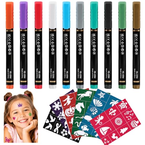 Kit Tatouage avec Stylo Tatouage Temporaire, 10 Feutres Tatouage et 6 Pochoirs Tatouage, Stylo Tatouage Facile à Utiliser, pour Carnaval, Halloween, Fêtes et...