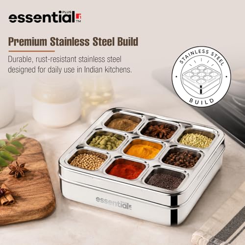 Image of Essential Plus Stainless Steel Multi Use Box, 24cm (150ml), See Through Lid, 9 in 1 Masala Dabba / Spice Box for Kitchen, Square Shape Spice Organizer / Masala Dani with 9 Containers, Easy to Clean