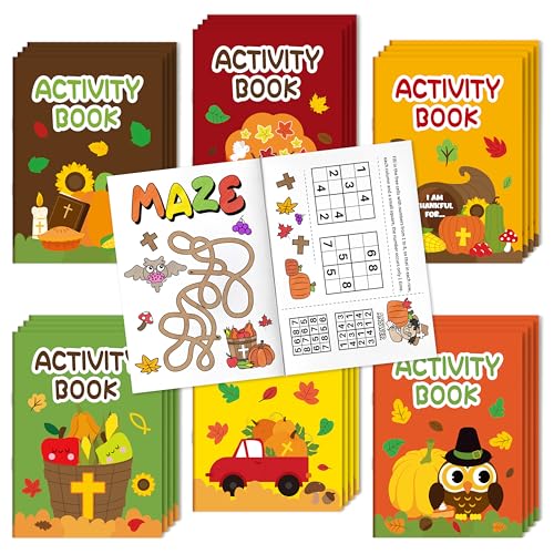 JAPBOR Fall Religious Coloring Books - 24PCS Mini Autumn Christian Activity Color Book Bulk for Kids Party Favors, Thanksgiving Bible Small Colour Pages for Sunday School Church Drawing Painting Games