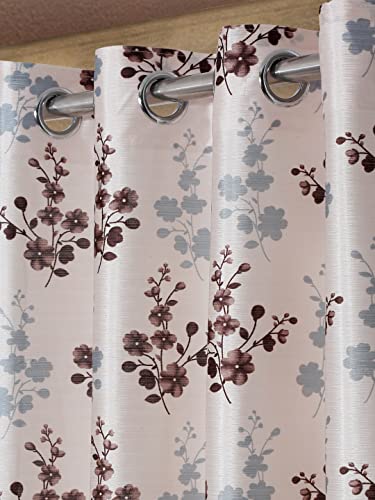 Image of Cortina 2 Piece Leaf Design Panel Eyelet Polyester Window Curtains - 5 Feet, Brown & Cream