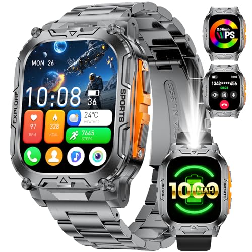 1000 mAh Batterie/LED Lampe Montre Connectée Homme Smartwatch Militaire Sport:2.01″ HD avec Appel Bluetooth,100+ Modes Sport,Fréquence Cardiaque/Sommeil,5ATM Montre Fitness pour Android/iOS Noir