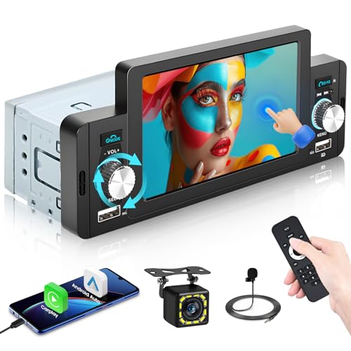 Hikity Radio Coche Bluetooth 1 DIN Apple Carplay Android Auto 5 Pulgadas Pantalla Táctil Autoradio Bluetooth Manos Libres FM Radio USB SWC Control Remoto Micrófono Externo Cámara de Visión Trasera