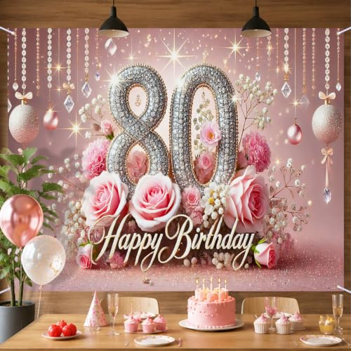 Image of Nuxovilar 80th Birthday Banner - Elegant Pink & Gold Floral Backdrop