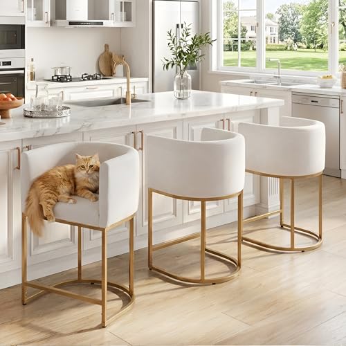 Image of HNY Modern Barrel Counter Height Clearance Bar Stools Set of 3, 24 Inch Velvet Kitchen Barstools with Back for Island, with Gold Metal Tubular Frame, Ivory