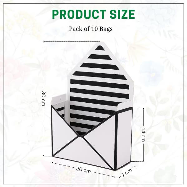 Image of Oasis Pack of 10 Folding Envelope Boxes - Eco-Friendly Flower Gift Bags for Bouquets, Florist Supply, Floral Arrangements Gift Hampers - Paper Bouquet Boxes for Rakhi, Birthday, Diwali, Wedding, Party & More - Black White