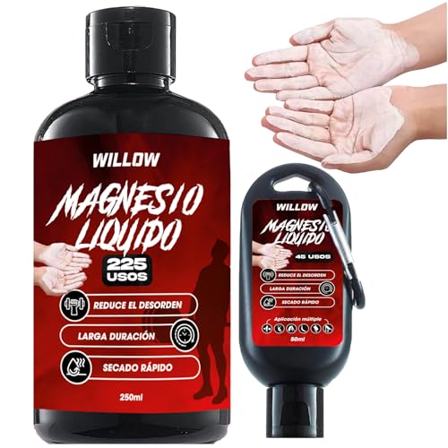 Willow ® Magnesio Líquido 250ML + 50ML | Magnesio Escalada | Tiza Líquida | Agarre Crossfit | Liquid Chalk | Calistenia Gym Halterofilia Padel Manos