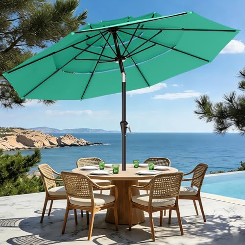 Image of AreShark 9ft 3-Tier Patio Umbrellas, Outdoor Umbrella with 8 Sturdy Ribs UV Protection Windproof, Market Table Umbrella w /Push Button Tilt & Crank for Pool, Porch, Deck, Garden(Aruba Blue)