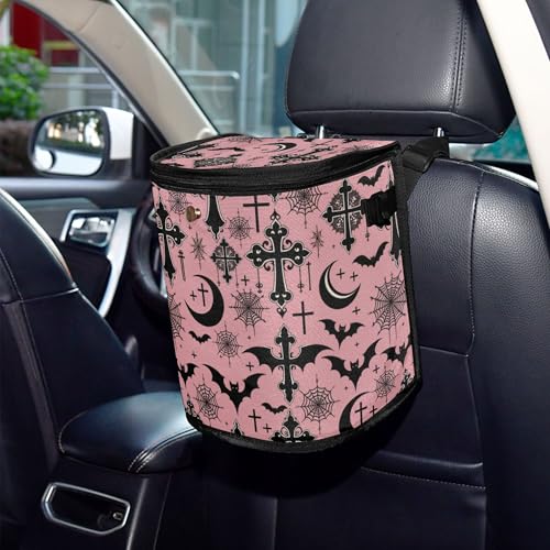 Image of MNSRUU Car Trash Can with Lid, Black Gothic Moon Spider Webs and Bats Car Trash Bag Hanging Organizers and Storage for Front Back Seat, Leak-Proof Trash Bin