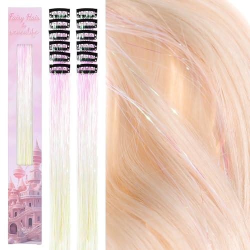 Image of WENNALIFE Hair Tinsel Clip In for Girls Bright White, 12pcs 24 inch Clips Tinsel Hair Extensions Clip in Colorful Glitter Clips Fairy for Kids