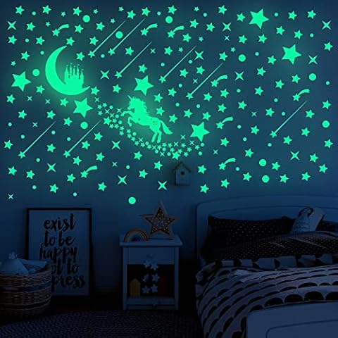 Glow in The Dark Castle Stickers Wall Celling Adhesive Luminous Decals Ideal for Baby Toddler Children Boys Grils Kids Bedroom Nursery Room Playroom - 292pcs with Unicorn, Castel, Moon Stars and Dots Cover