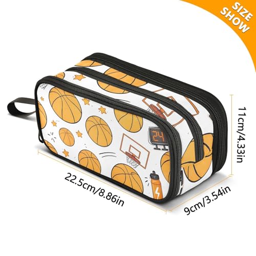 Image of Basketball Gear Print Large Capacity Pencil Case Box Boys Girls Big Stationery Pen Bag Organizer Pencil Pouch Zipper Compartments for School Office