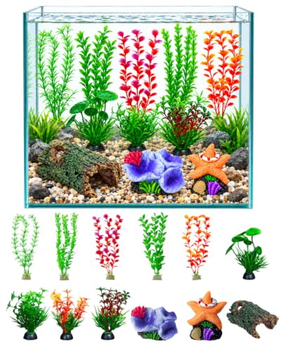 LEPJOS 12 Piezas Set de Decoración para Acuarios, Túnel para Peces y Camarones & Cueva Multifuncional para Camarones, Refugio de Arrecife de Coral, Colorida Decoración de Peceras con Plantas