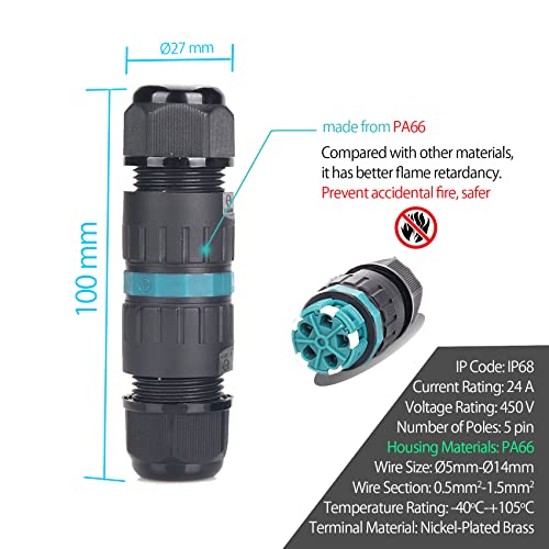 Kabelverbinder IP68 5-polig M25 2er-Pack Ø5mm-Ø14mm TÜV-Zertifizierung Verbindungsmuffe mit Klemme Außen für Garten | Outdoor | Boden 2 Wege Wasserdichte Abzweigdose, Schwarz(2 weg-5 pin)