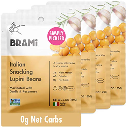 BRAMI Lupini Beans Snack, Garlic & Rosemary | 7g Plant Protein, 0g Net Carbs | Vegan, Vegetarian, Keto, Plant Based, Mediterranean Diet, Non Perishable | 5.3 Ounce (4 Count)