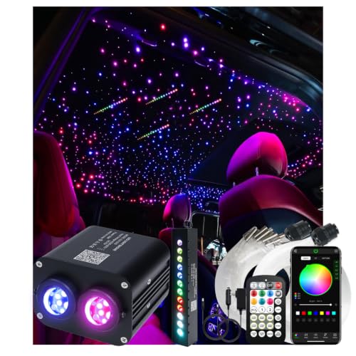 AMKI Dual Color 20W Twinkle Starlight Headliner Kit 1300pcs*0.03in 13.1ft Cables+ RGB Meteor Shooting Star Fiber Optic Light Sound Activated APP/Remote Control for Car Roof Home Ceiling
