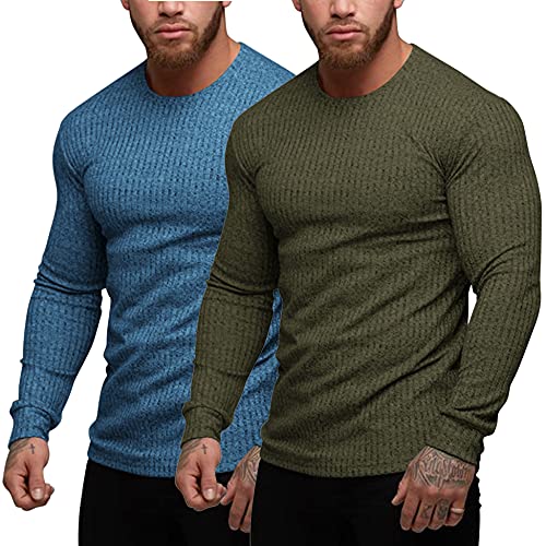 COOFANDY Men's 2 Pack Workout T Shirts Long Sleeve Stretch Gym Muscle Tee Bodybuilding Training Tops Solid Color Causal T-Shirts (Blue/Army Green, Small)