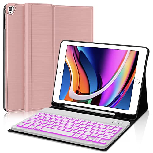 FOGARI Funda Teclado iPad 10.2 9ª/8ª/7ª Gen, Cubierta Ranura de Lápiz Magnética con Español Ñ 7 Colores Retroiluminados Bluetooth Desmontable Teclado para iPad Pro 10.5 2017/ iPad Air 3, Oro Rosa Cover