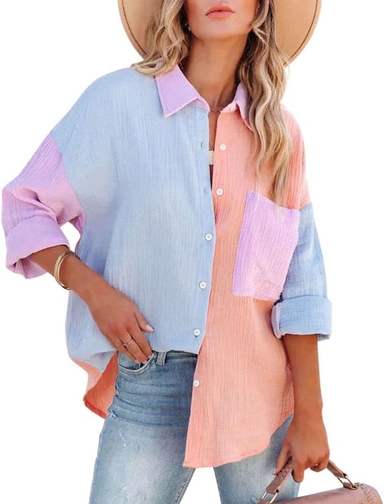 chouyatou Women's Color Block Long Sleeve Button Down Boyfriend Shirt Blouses