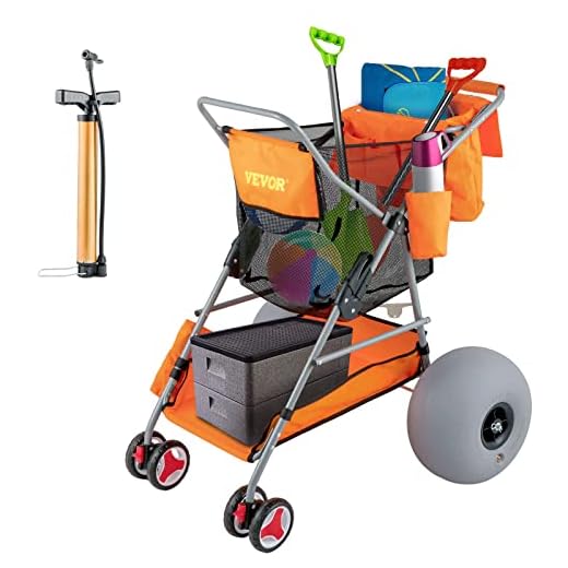 VEVOR Beach Cart for Sand, 12" All-Terrain Balloon Wheels, 350 lbs Beach Wonder Wheeler, Beach Buggy w/Flip Flop Holder, Storage Bag, 2 Beach Chair Holders, Orange