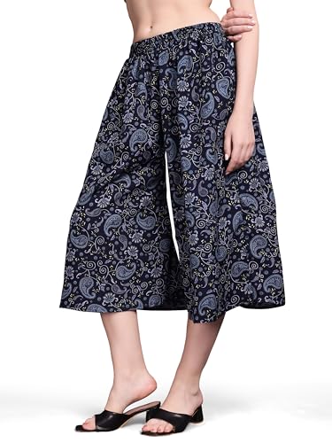 Image of THUMBA Women's Printed Poly Rayon Palazzo Pants | Wide Leg Culottes | Floral & Butterfly Print | Elastic Waist | Casual & Ethnic Wear | S M L XL 2XL 3XL