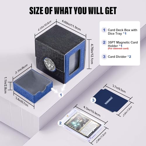Image of Kabinka Commander Deck Box for MTG with Dice Tray, Yugioh Deck Box with Metal Emblem, Holds 100 Double-Sleeved Cards for TCG, Cards Storage Case with 35PT Magnetic Card Holder (Black& Blue, Puzzle)