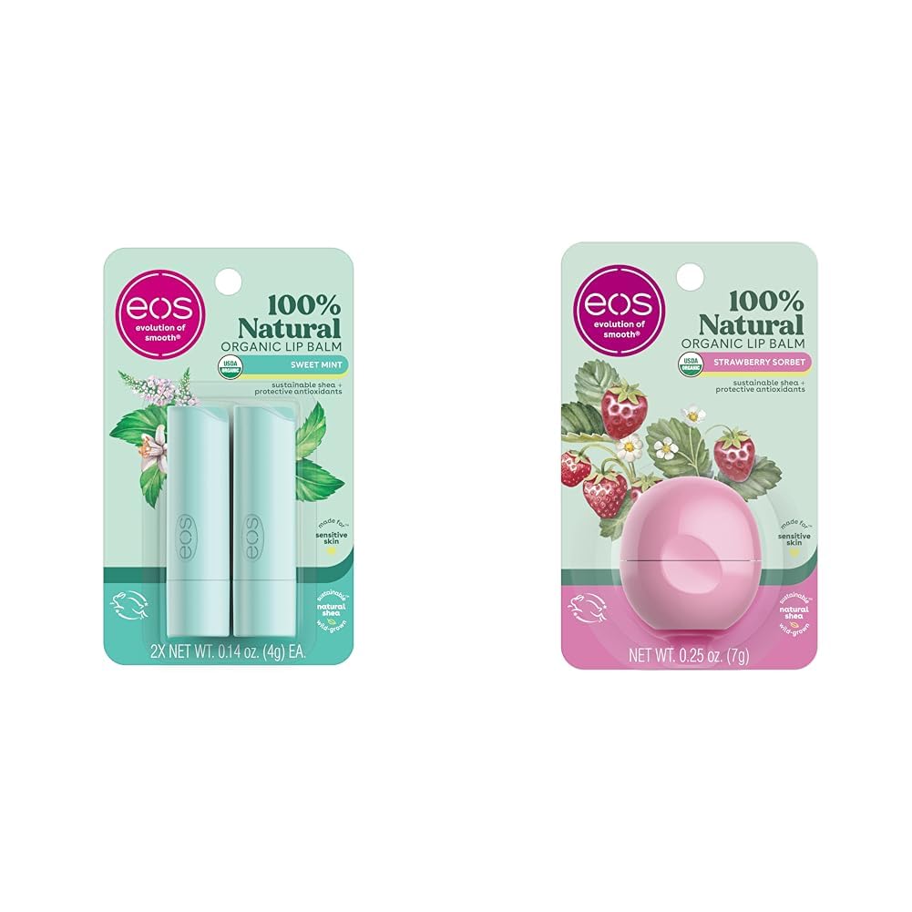 eos 100% Natural & Organic Lip Balm Sticks- Sweet Mint & 100% Natural & Organic Lip Balm- Strawberry Sorbet, All-Day Moisture, Dermatologist Recommended for Sensitive Skin, Lip Care Products, 0.25 oz