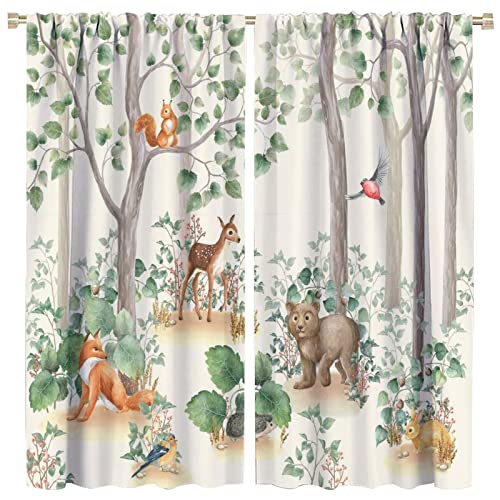 GoDazzling Watercolor Woodland Animals Blackout Window Curtains, Spring Cartoon Wild Animal Kids Cute Rustic Forest Rod Pocket Curtains, for Living Room Bedroom 21(W)*45(L) 2 Panels