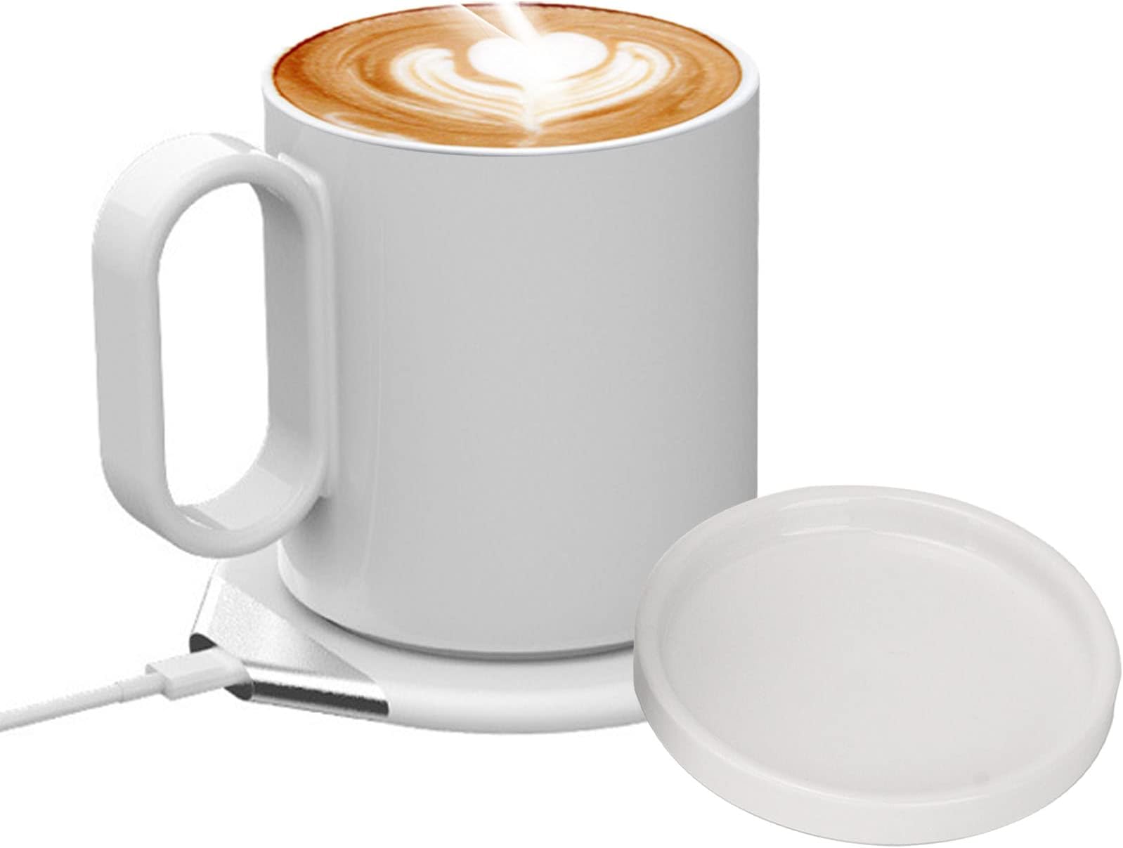 Coffee Warmer, Desk Self Heated Cup & Lid Set with Wireless Charging, Smart Recognition, for Keep Tea Coffee Milk Hot, Auto Shut Off, Waterproof Panel, for Office Home Desk(White)