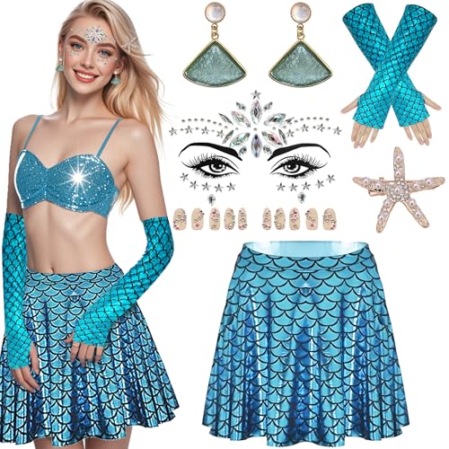 ZeiLaBang Kakadi Damen Meerjungfrau Kostüm, Fischschuppen Rock, Seestern Haarschmuck, Glitzer Gesicht Sticker, Seestern Ohrringe, Handschuhe...