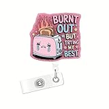 Burnt Out But Trying My Best Badge Reel Flower Funny Retractable Badge Clip for Nurse Pink Glitter Acrylic Alligator Clip Flower Badge Holder for Nursing Medical Worker Teacher Student