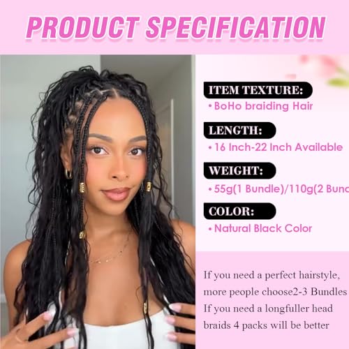 Human Braiding Hair for Boho Braids 20 Inch 110g 2 Bundles/Pack Deep Wave 12A Curly Brazilian Virgin Hair Extensions No Weft Knotless Bulk 1B Black3