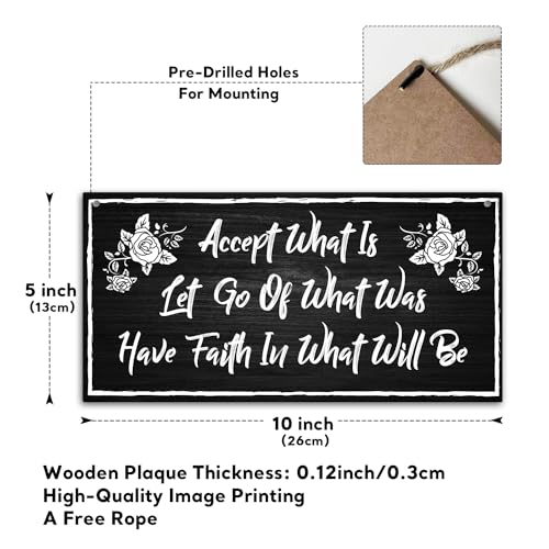 Motivational Gifts for Women - Hanging Plaque with Rope, Inspirational Wall Decor Accept What is Let Go of What was Have Faith in What Will Be Wood Sign, Inspirational Wall Art Door Shelf Decor -C15