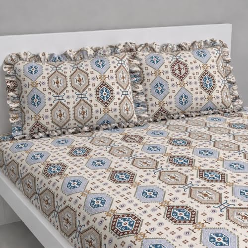 Image of VOMZER Queen Size (60x78) 300 TC Soft Cotton Feel Microfiber All Around Elastic Fitted Double Bedsheet with 2 Frill Pillow Covers | Desert Mosiac