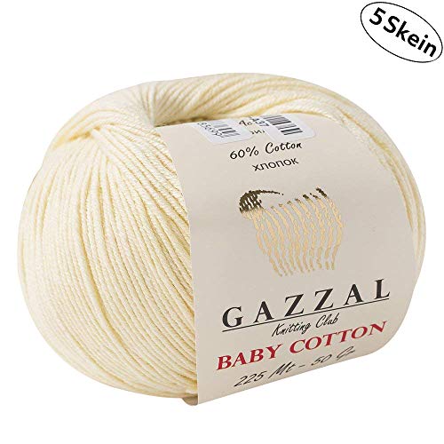 5 madejas (paquete) total 8.8 onzas. Gazzal - Hilo de algodón para bebé (50 g), 180 años (165 m) Beige - 3437