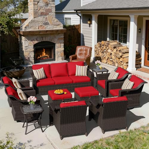 Image of 11 Piece Patio Furniture Set, Wicker Outdoor Conversation Set | Patio Chair Set with Olefin Removable Cushion, All-Weather Outdoor Couch with Deep Seat for Porch, Deck and Backyard, Red