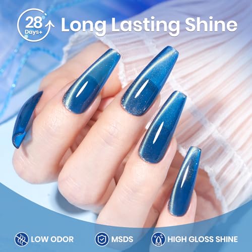 Image of Beetles Blue Cat Eye Gel Nail Polish - 15ML Blue Glass Cat Eye Glitter Magnetic Gel Polish Shimmer Soak Off UV Stellar Whisper Collection Nail Art Design Manicure Gifts for Women