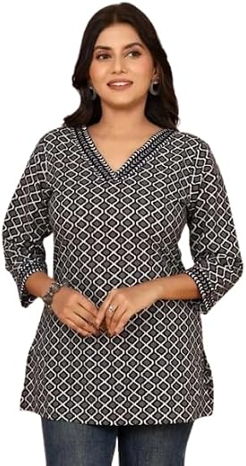 Ethnic Treasures Sanganeri Black & White Geometric Print Cotton Top