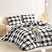 Wake In Cloud - Gingham Cotton Duvet Cover Set, Plaid Buffalo Check Checkered Farmhouse, 100% Washed Cotton Textured Percale Bedding Set, 3 Pieces, Black Beige, Queen Size
