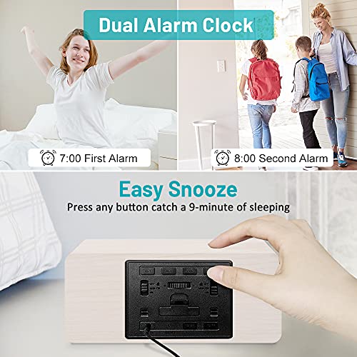 Andoolex Wooden Digital Alarm Clock With Wireless Charging, 0-100% Adjustable Brightness Dimmer And Alarm Volume, Weekday/Weekend Mode, Dual Alarm, Snooze, 12/24H, Wood Led Clock For Bedroom (White) #TOP4