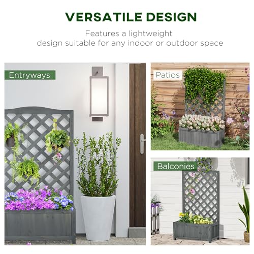 Macetero elevado de madera gris resistente con celosía vertical para flores y verduras 4