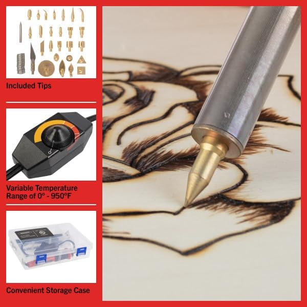 Wood Burning Kit - 29-Piece Wood Burning Tool Set with Variable Temperature Control 25W Pyrography Pen, 25 Points (Tips), and Plastic Storage Case - Woodburning Kits Adults and Beginners by Stalwart