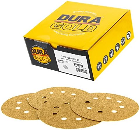 Dura-Gold Premium 5" Gold Sanding Discs - 60 Grit (Box of 50) - 8 Hole Pattern Dustless Hook & Loop Backing Sandpaper for DA Sanders, Aluminum Oxide Abrasive - Sand Automotive Paint, Woodworking Wood